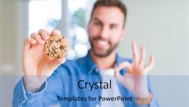  Presentation with chocolate - Presentation theme with man eating chocolate chips cookie background and a teal colored foreground