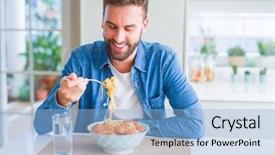  Presentation with meatball - Beautiful PPT theme featuring man eating pasta with meatball backdrop and a light blue colored foreground