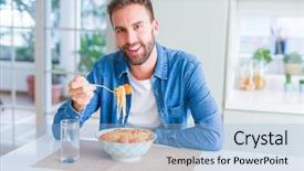  Presentation with pasta sauce - Audience pleasing presentation consisting of man eating pasta with meatball backdrop and a light blue colored foreground
