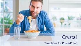  Presentation with pasta sauce - Beautiful presentation theme featuring man eating pasta with meatball backdrop and a sky blue colored foreground