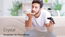  Presentation with pizza - Slide deck consisting of man-eating-pizza-having background and a soft green colored foreground