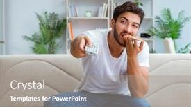  Presentation with pizza - Audience pleasing PPT theme consisting of man-eating-pizza-having backdrop and a gray colored foreground