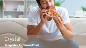  Presentation with pizza - Amazing PPT theme having man-eating-pizza-having backdrop and a coral colored foreground