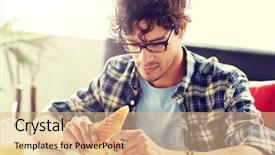  Presentation with healthy eating food photography - Theme having man eating sandwich at cafe background and a  colored foreground