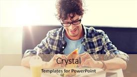  Presentation with eating - Presentation theme having man eating sandwich at cafe background and a  colored foreground