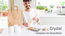  Presentation with thai food kitchen - Cool new slide set with man eating sushi asian food backdrop and a white colored foreground