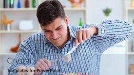  Presentation with food - Beautiful slide set featuring man-eating-tasteless-food backdrop and a teal colored foreground