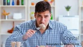  Presentation with food - PPT theme featuring man-eating-tasteless-food background and a light blue colored foreground