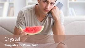  Presentation with mindful eating - Colorful slide deck enhanced with man-eating-watermelon-at-home backdrop and a coral colored foreground