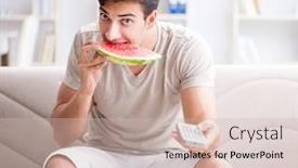  Presentation with home domestic market - Audience pleasing PPT theme consisting of man-eating-watermelon-at-home backdrop and a soft green colored foreground