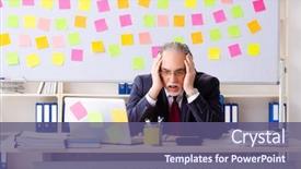  Presentation with aged - PPT theme with man employee in conflicting priorities background and a violet colored foreground