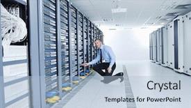  Presentation with datacenter - PPT layouts having man engeneer in datacenter server background and a light blue colored foreground