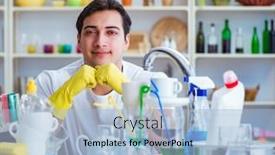  Presentation with home - Cool new PPT theme with man-enjoying-dish-washing-chores backdrop and a light blue colored foreground