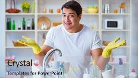  Presentation with home - PPT layouts featuring man enjoying dish washing chores background and a light blue colored foreground