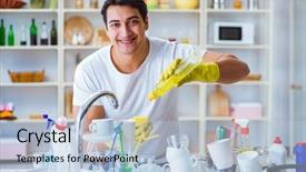  Presentation with home - Cool new PPT layouts with man enjoying dish washing chores backdrop and a light blue colored foreground