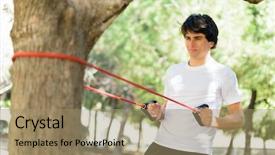  Presentation with stretch - PPT theme enhanced with resistance - young man exercising with stretch background and a coral colored foreground