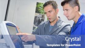  Presentation with controls - Amazing slide set having man explaining controls of machine backdrop and a ocean colored foreground