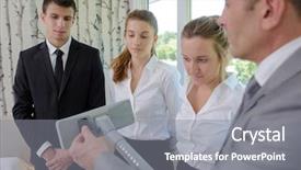  Presentation with controls - Audience pleasing slides consisting of man explaining controls of vacuum cleaner to students backdrop and a gray colored foreground