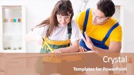  Presentation with woodworking - Presentation design having man explaining woman woodworking tips background and a  colored foreground