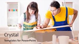  Presentation with woodworking - Presentation featuring man explaining woman woodworking tips background and a  colored foreground