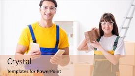  Presentation with woodworking - Cool new presentation design with man explaining woman woodworking tips backdrop and a  colored foreground