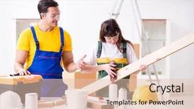  Presentation with woodworking - Presentation theme enhanced with man explaining woman woodworking tips background and a  colored foreground