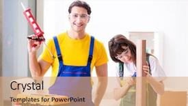  Presentation with woodworking - Colorful PPT theme enhanced with man explaining woman woodworking tips backdrop and a coral colored foreground