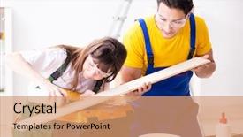  Presentation with woodworking - Cool new PPT layouts with man explaining woman woodworking tips backdrop and a  colored foreground