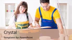  Presentation with woodworking - Slide deck enhanced with man explaining woman woodworking tips background and a  colored foreground