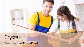  Presentation with woodworking - PPT theme with man explaining woman woodworking tips background and a  colored foreground