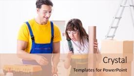  Presentation with woodworking - Beautiful slides featuring man explaining woman woodworking tips backdrop and a  colored foreground