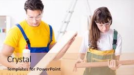  Presentation with woodworking - Theme with man explaining woman woodworking tips background and a  colored foreground