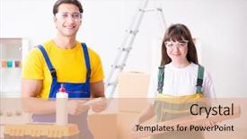  Presentation with woodworking - Colorful presentation design enhanced with man explaining woman woodworking tips backdrop and a lemonade colored foreground