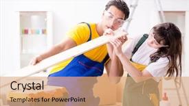  Presentation with woodworking - Presentation design featuring man explaining woman woodworking tips background and a  colored foreground