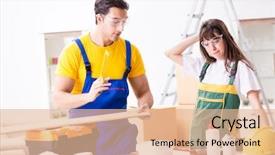  Presentation with woodworking - PPT layouts enhanced with man explaining woman woodworking tips background and a  colored foreground