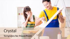  Presentation with woodworking - Beautiful PPT layouts featuring man explaining woman woodworking tips backdrop and a  colored foreground