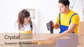  Presentation with woodworking - Cool new PPT layouts with man explaining woman woodworking tips backdrop and a lemonade colored foreground