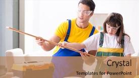  Presentation with woodworking - Audience pleasing PPT theme consisting of man explaining woman woodworking tips backdrop and a  colored foreground
