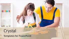  Presentation with woodworking - Cool new PPT theme with man explaining woman woodworking tips backdrop and a  colored foreground