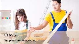  Presentation with woodworking - Slide set enhanced with man explaining woman woodworking tips background and a  colored foreground