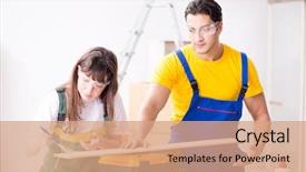  Presentation with woodworking - Audience pleasing theme consisting of man explaining woman woodworking tips backdrop and a  colored foreground