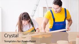  Presentation with woodworking - Colorful presentation theme enhanced with man explaining woman woodworking tips backdrop and a coral colored foreground