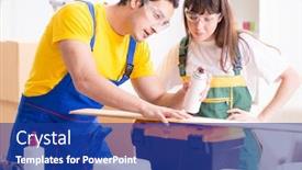  Presentation with woodworking - Slide set consisting of man explaining woman woodworking tips in wood workshop background and a navy blue colored foreground