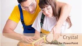  Presentation with woodworking - Presentation design enhanced with man explaining woman woodworking tips in wood workshop background and a lemonade colored foreground