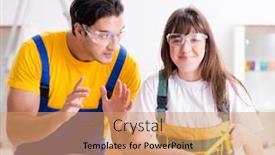  Presentation with woodworking - Colorful PPT theme enhanced with man explaining woman woodworking tips in wood workshop backdrop and a coral colored foreground