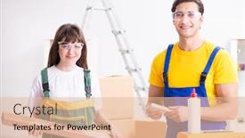  Presentation with woodworking - PPT theme consisting of man-explaining-woman-woodworking-tips background and a lemonade colored foreground