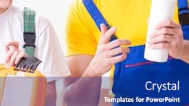  Presentation with woodworking - PPT theme with man-explaining-woman-woodworking-tips background and a navy blue colored foreground