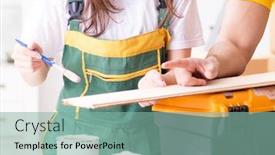  Presentation with woodworking - PPT theme having man-explaining-woman-woodworking-tips background and a seafoam green colored foreground