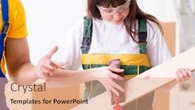  Presentation with woodworking - Cool new presentation theme with man-explaining-woman-woodworking-tips backdrop and a coral colored foreground