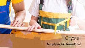  Presentation with woodworking - Colorful slide set enhanced with man-explaining-woman-woodworking-tips backdrop and a gold colored foreground